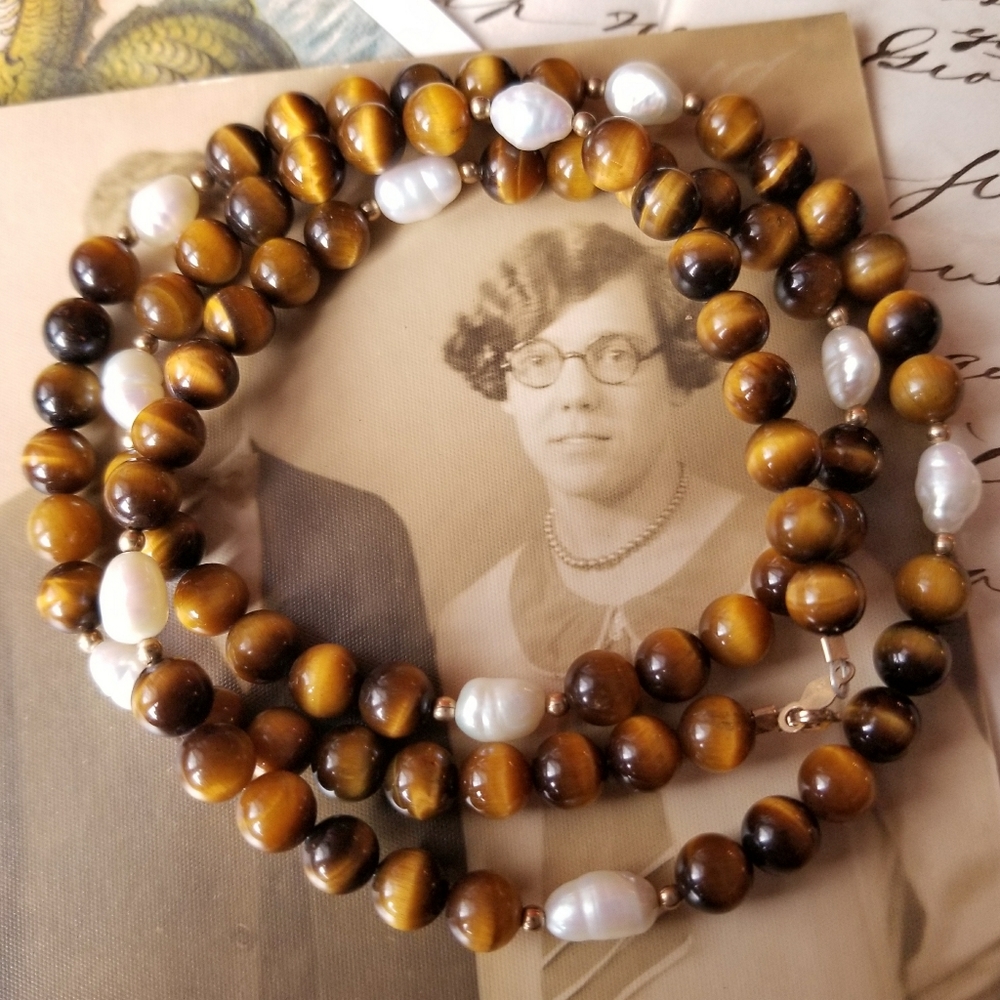 Tiger eye necklace stone bead gold fill pearl
